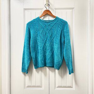 Vintage Evan Picone Chenille Cable Knit Teal Blue Sweater
